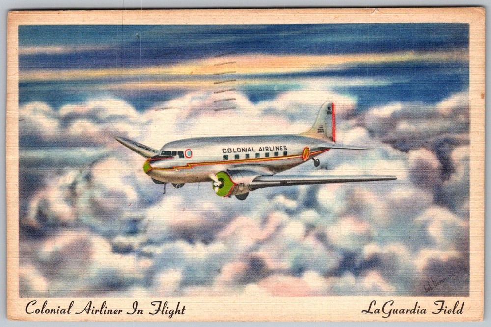 Vtg Linen Postcard Colonial Airlines Airliner New York, NY 1940s