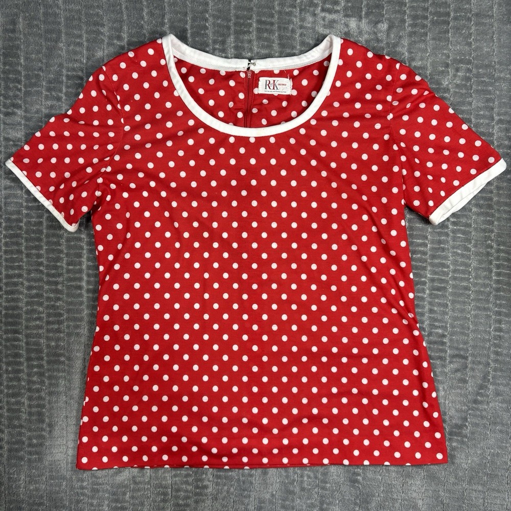 VTG 70s 80s RK Originals Polka Dot Top Red White Ringer Shirt Back Zip Medium