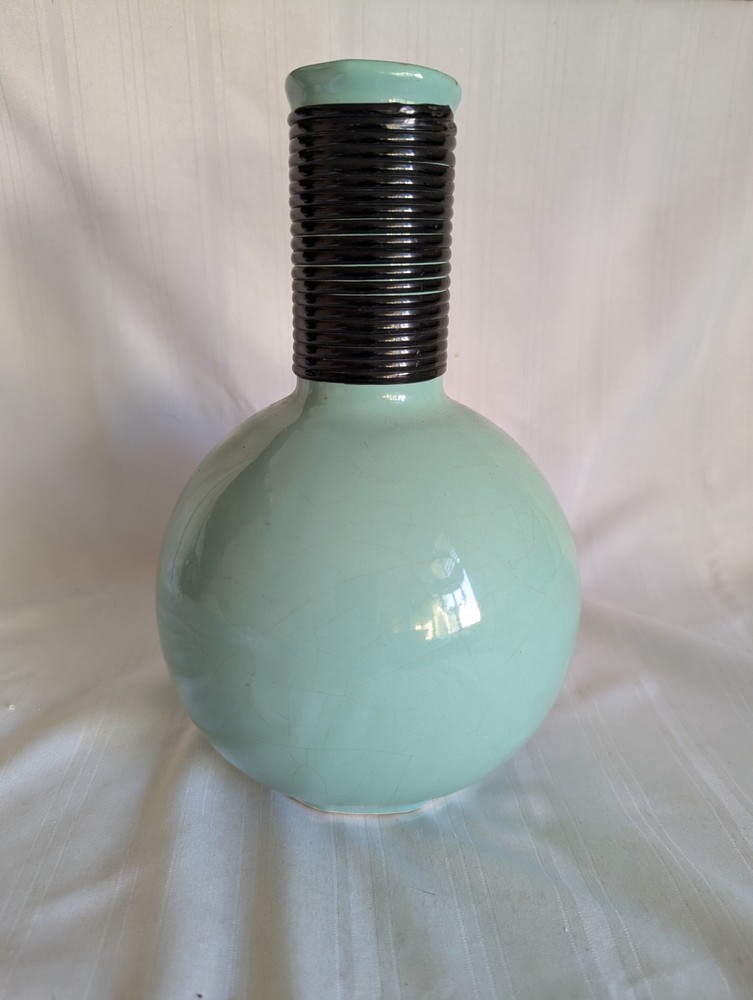 Seafoam green Mid Century Modern black band vase CA Art Pottery 9.25