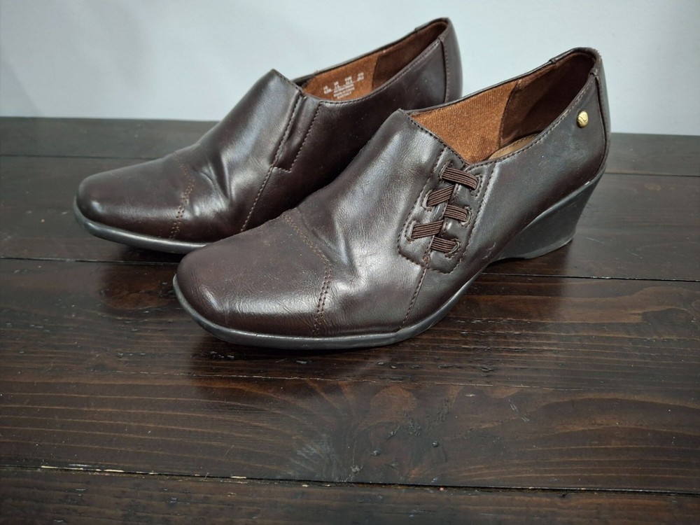 Lifestride Earthly Brown Faux Leather Mid-Heel Wedge Shoe Size 9.5M Pre-Owned