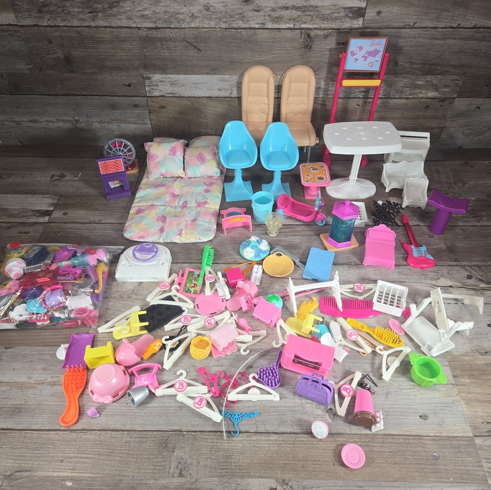 Vintage And New Barbie Dreamhouse Furniture Lot Chairs, Tables, Food, Items