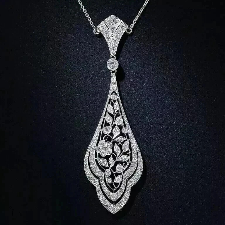 Art Deco Vintage 1.25CT Round Lab Created Diamond Pendant 14K White Gold Finish
