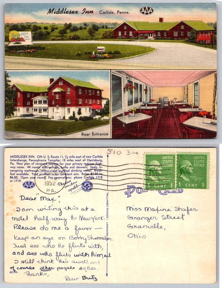 1952 Middlesex Inn Carlisle PA Vintage Linen Postcard AAA Motel
