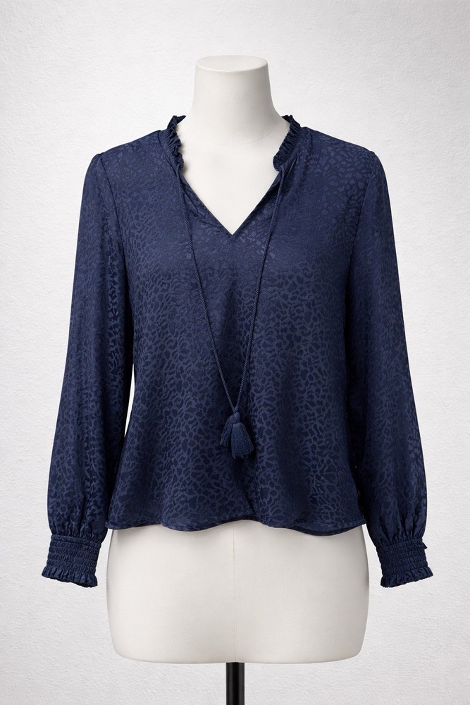 Liverpool Women’s Navy Animal Print Satin Blouse V-Neck, Long Sleeve, Size S
