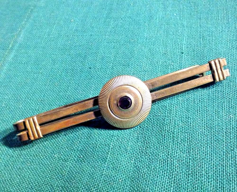 Art-Deco Style Tie Clip Bar Vintage Simple Elegant Gold-Tone Metal & Red Stone