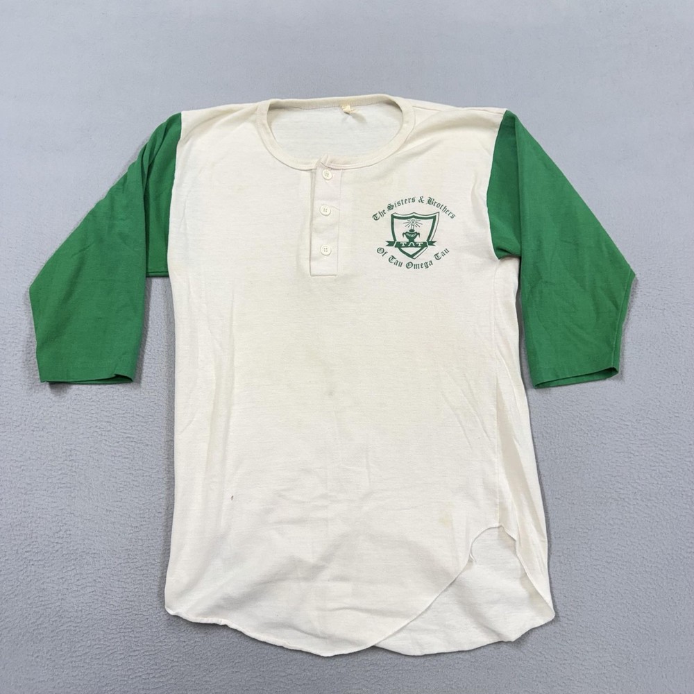 Vintage Tau Omega Tau Shirt Mens Medium White Green 3/4 Sleeve Henley Raglan Tee