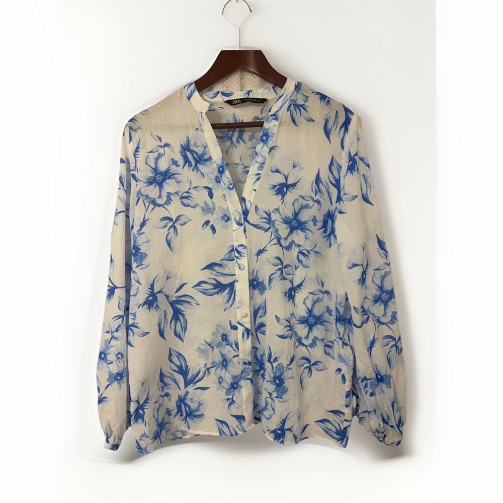 ZARA Floral V-Neck Long Sleeve Button Blouse White Blue Cotton Chiffon Size M