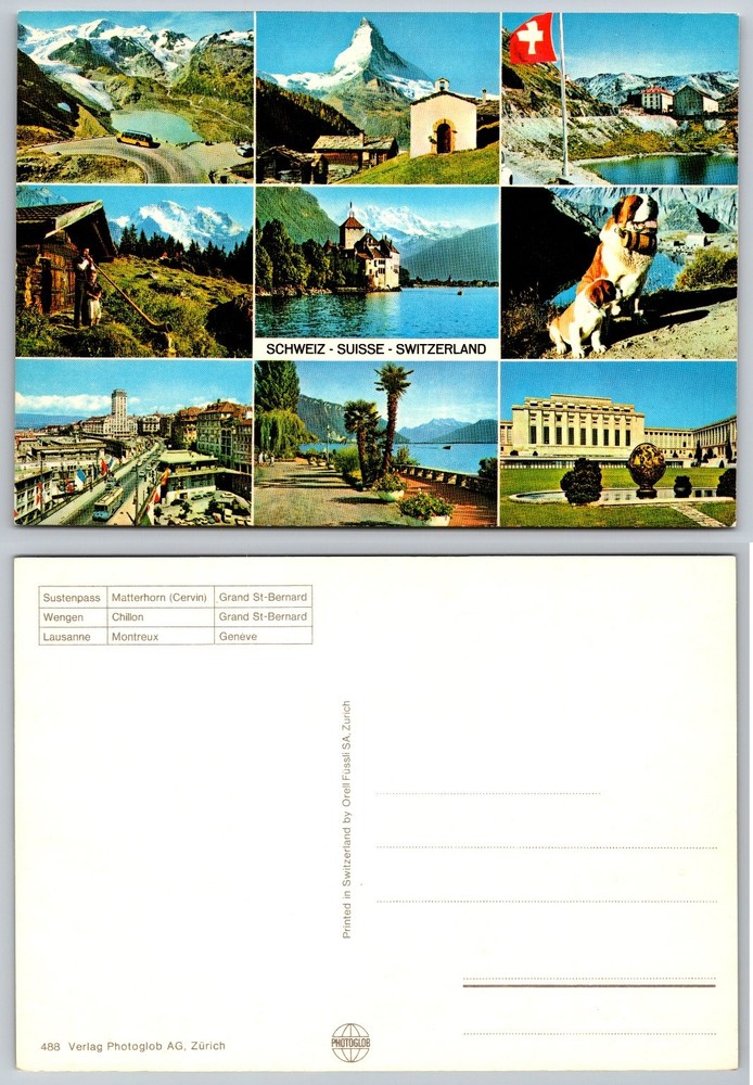 Vintage Switzerland Multi-View Postcard Matterhorn Chillon St Bernard Dogs