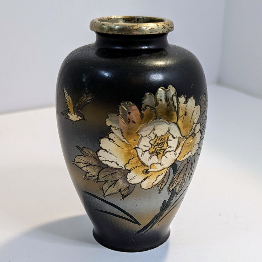 Vintage Japanese Floral & Bird Mixed Metals Vase By Expressive Designs Onyx Tone