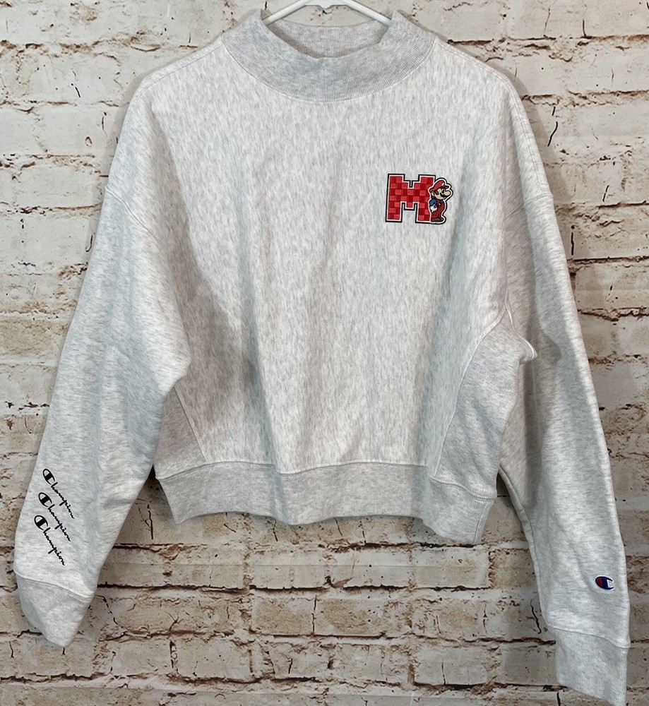 Champion X Super Mario Bros Reverse Weave Sweatshirt womens XL mock neck cropped