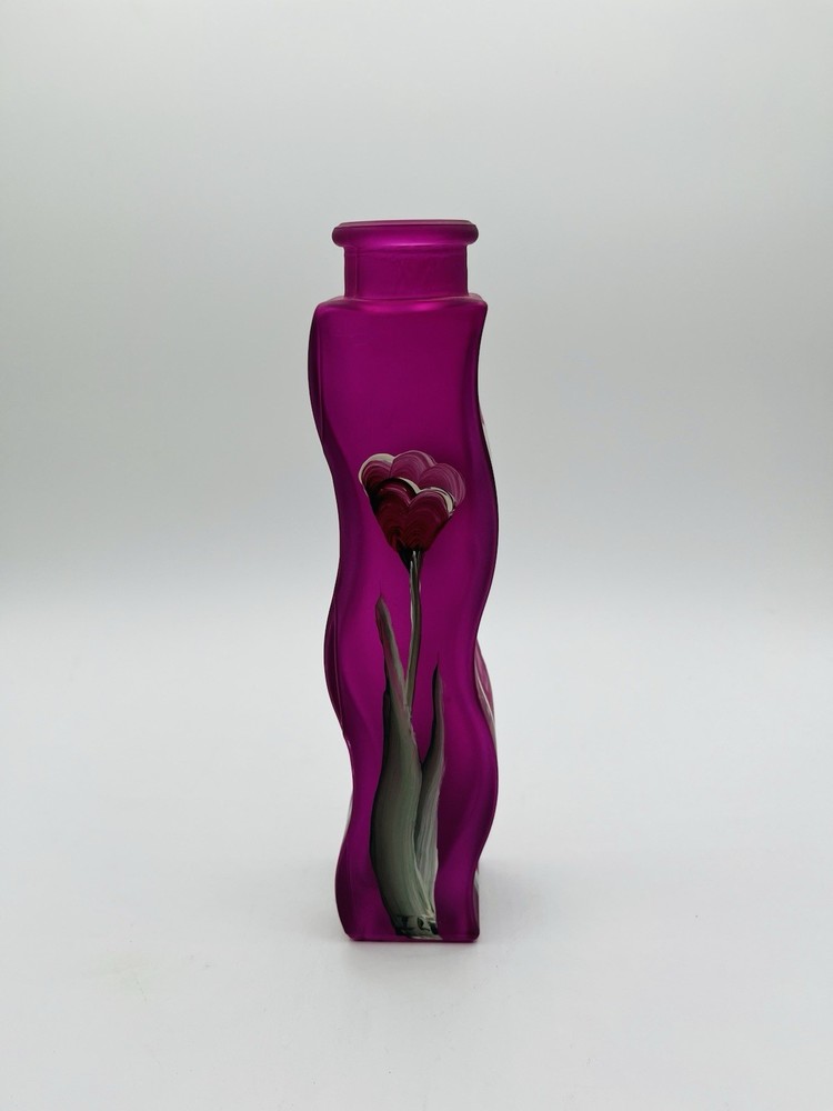Vintage 1990s Neon Frosted Purple Glass IKEA Vase  8.5” Hand painted Flowers