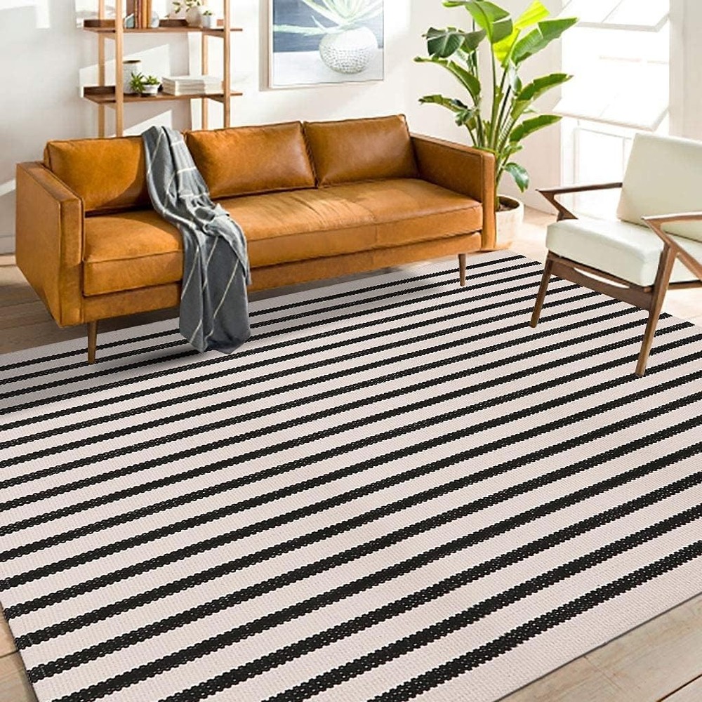 Outdoor Rug 4x6 ft Black and White Striped Patio Rugs, Washable Woven Cotton ...