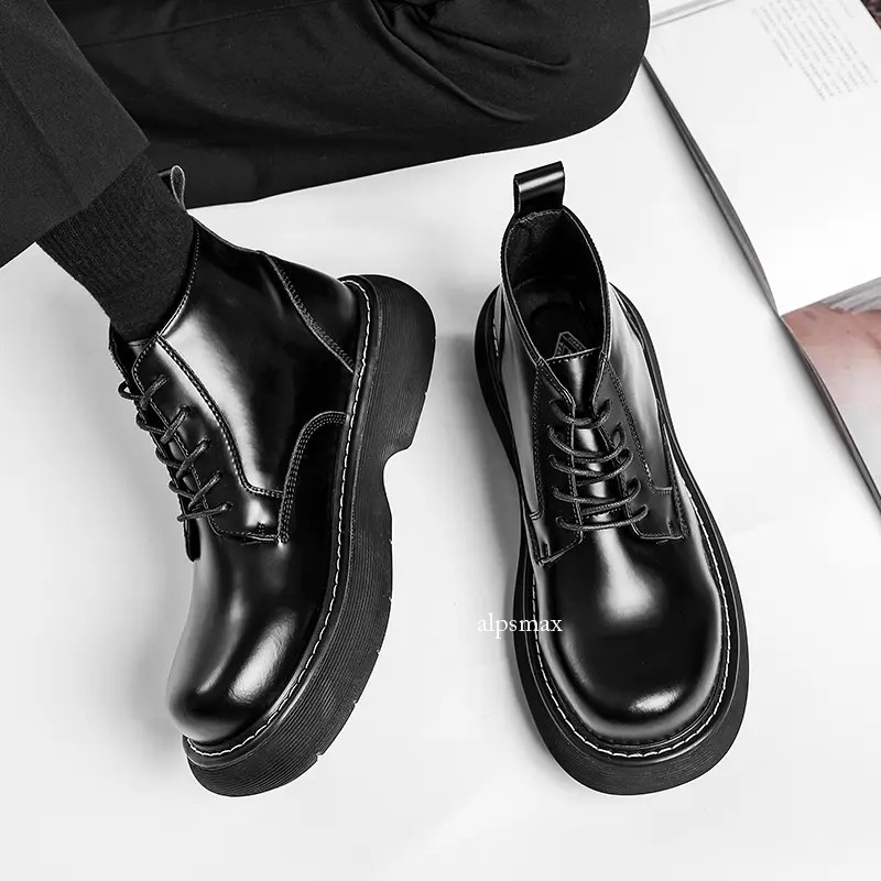Real Leather High Top Boots Mens Lace Up Round Toe Oxfords Workwear Casual Boots