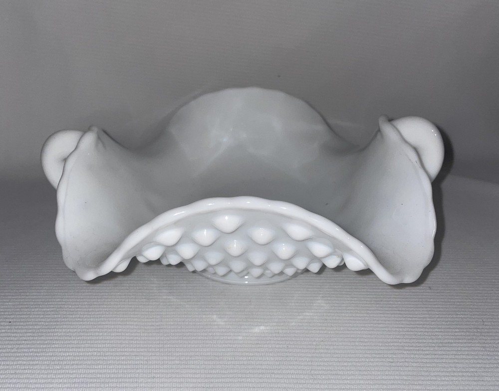 Vintage Fenton White Milk Glass Hobnail Double Handle Ruffled Edge Candy Dish
