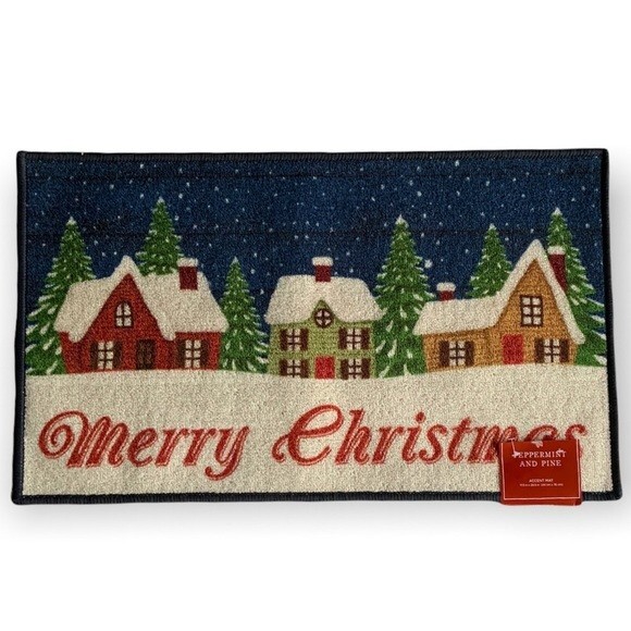 Peppermint & Pine Holiday Merry Christmas Accent Rug Non Skid Mat 17.3” X 29.9”-image