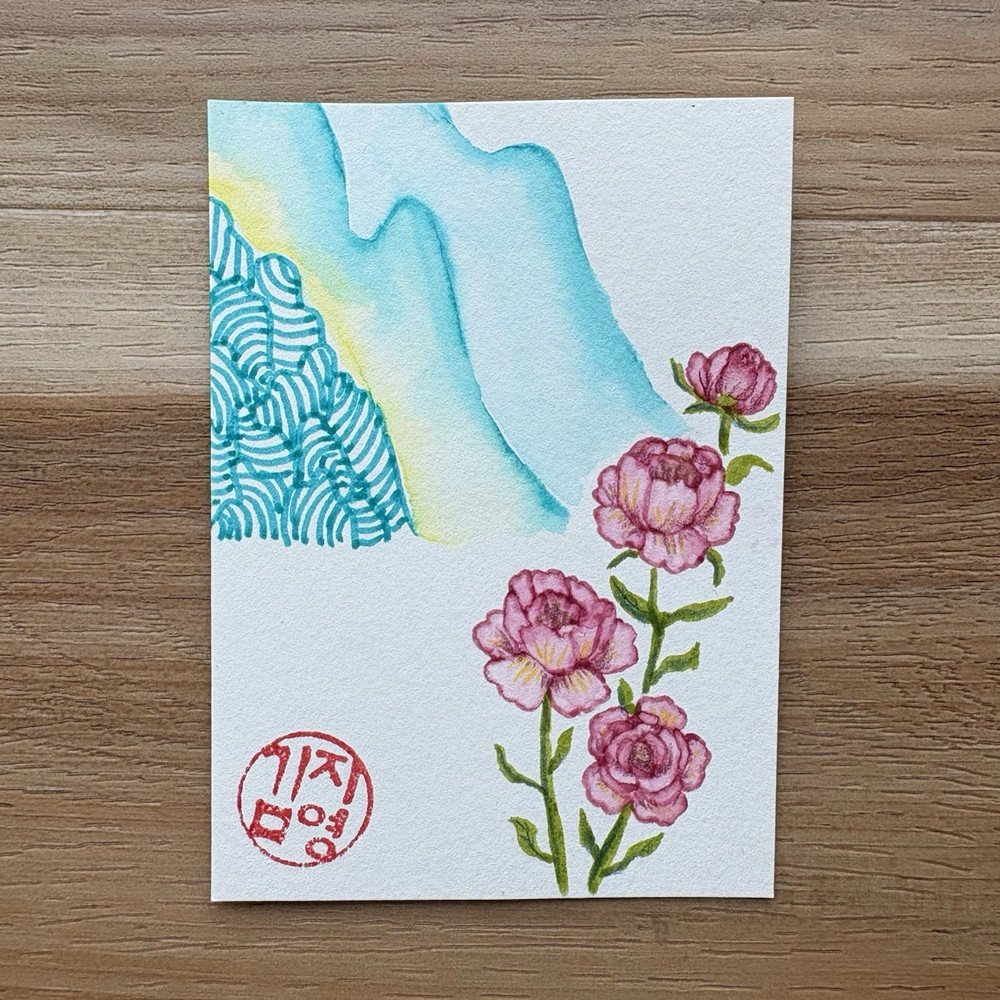 ACEO Original Watercolor Painting Pink Peony Blue Mountain 2.5x3.5 by Jiyoungz