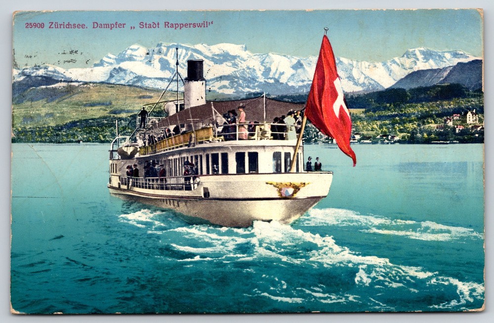 Transport~Lake Zurich Steamer Ship @ City Of Rapperswil~PM 1914~Vintage Postcard