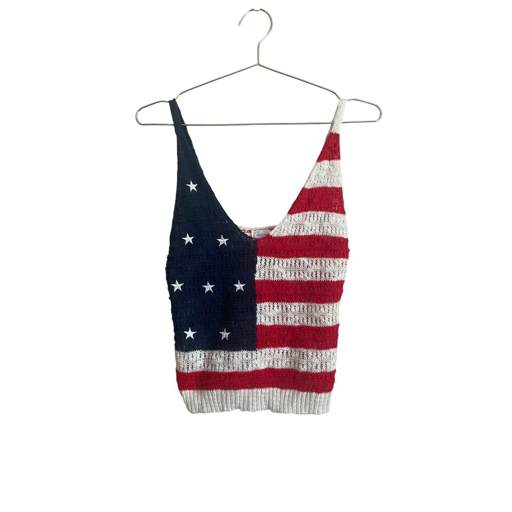 American Flag Crochet Sheer Crop Tank Top Red Blue Small Americana Concert USA