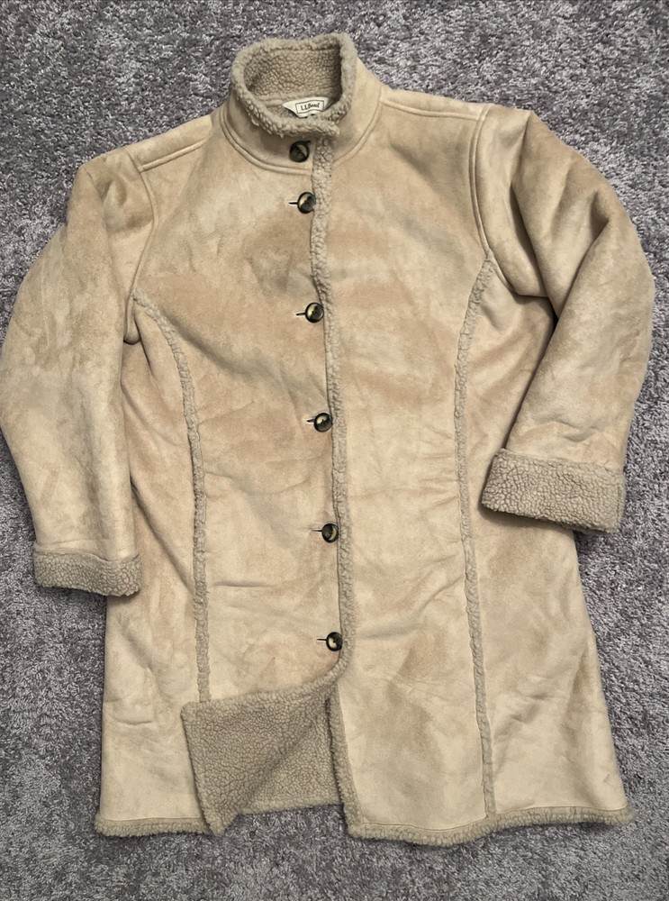 LL Bean Coat Womens M Tan Faux Suede Sherpa Lined Button Up Long Jacket Pockets