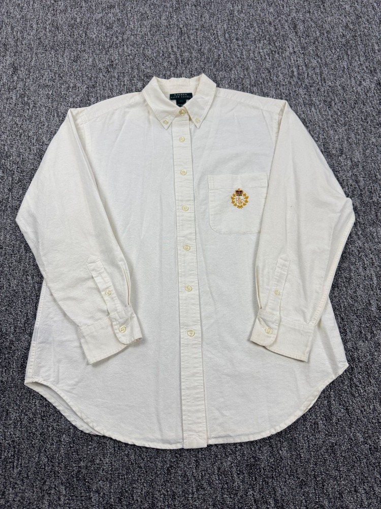 Ralph Lauren Top Women 12 White Embroidered Crest Logo Button Down Oxford Vtg