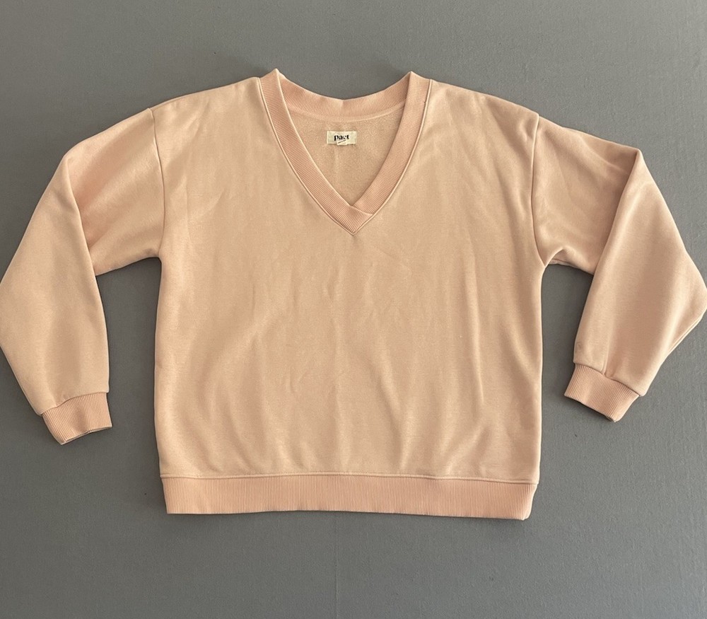 Pact Women L Organic Cotton Courtside V Neck Fleece Sweatshirt Lounge Blush Pink
