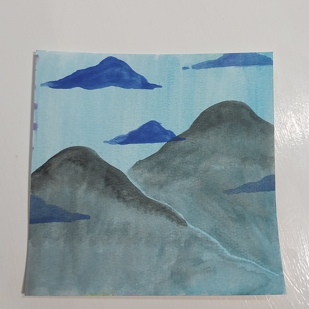 6x6 Inch Gouache Painting Impressionism Original Titel Blue Fog Mountains A1