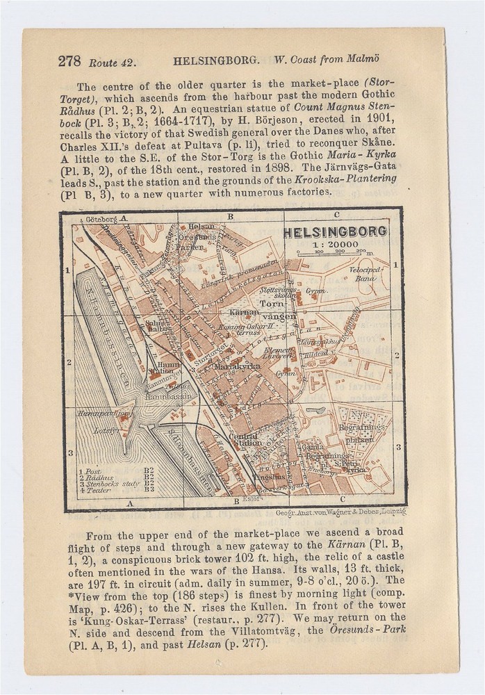 1909 Original Antique City Map Of Helsingborg / Skania / Sweden