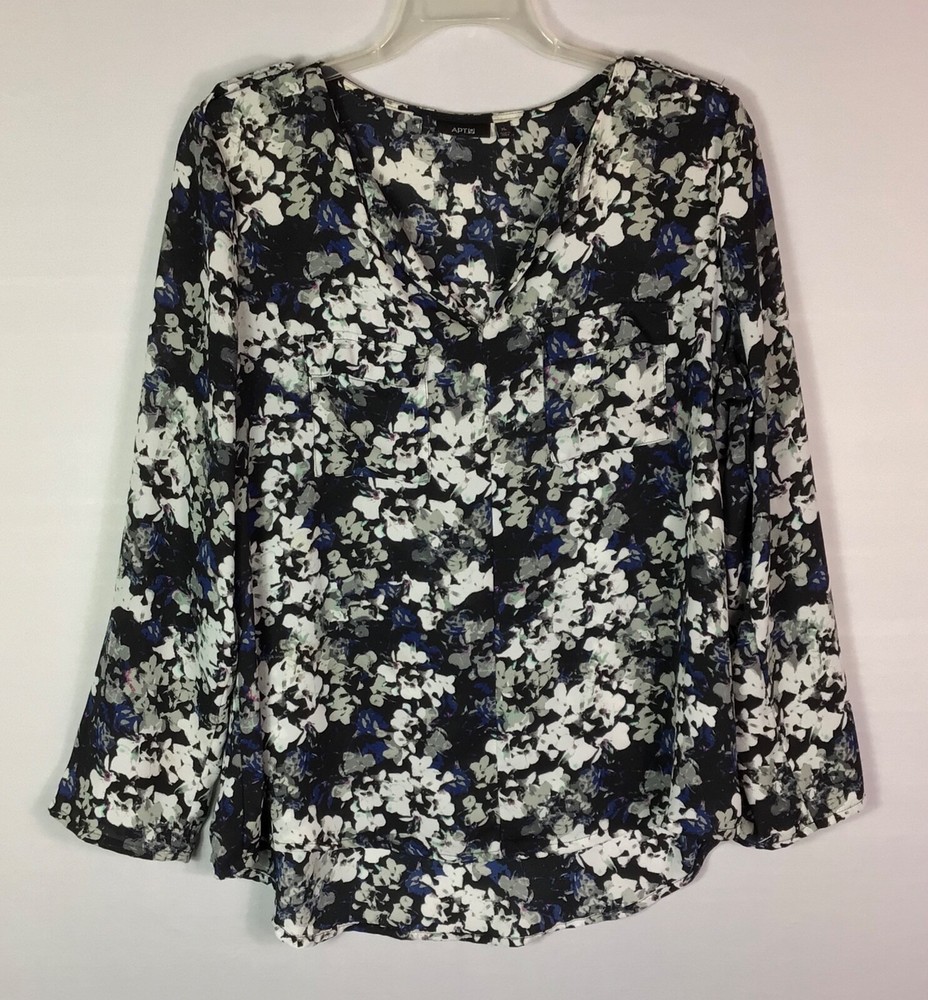 Apt 9 Blouse Womens XL Black & White Floral V-Neck Long Sleeve Pockets