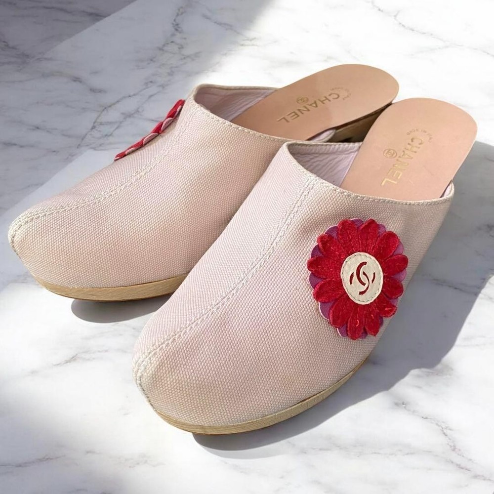 CHANEL Pink Leather Camellia Coco Mark Clog Sandals Women's Size 35.5 US 5.5