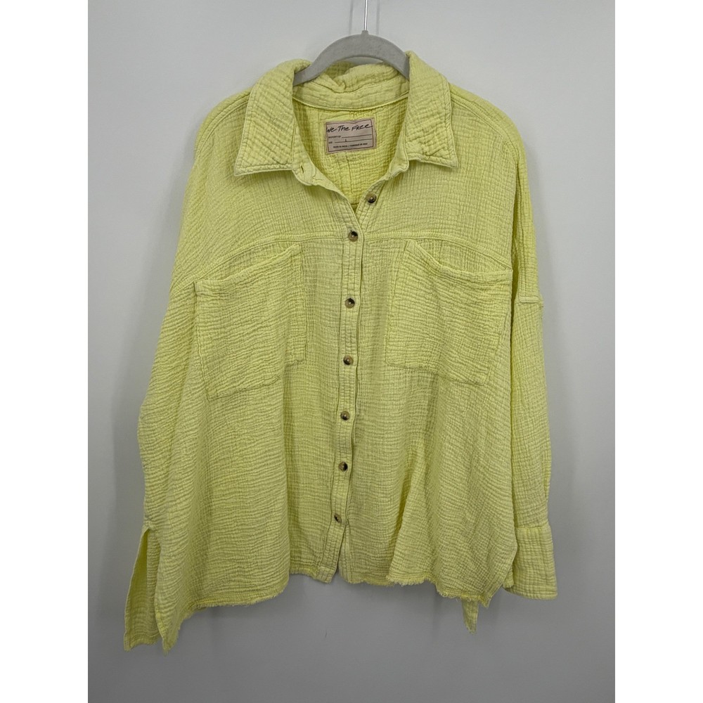 We The Free Cardiff Button Down Top L Yellow Oversized Gauze 100% cotton Shirt