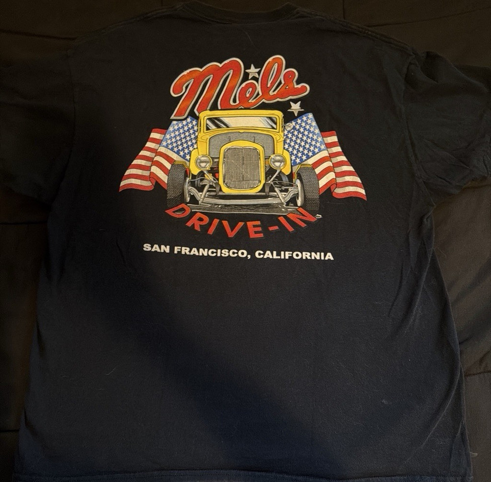Gildan Ultra Cotton Men's XL Black Mel's Drive-In Graphic T-Shirt Crew Neck