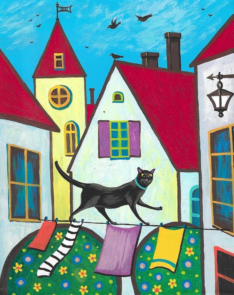 8x10 PRINT OF PAINTING ABSTRACT FOLK ART HOUSES BLACK CAT RYTA SPRING Germany 🌺