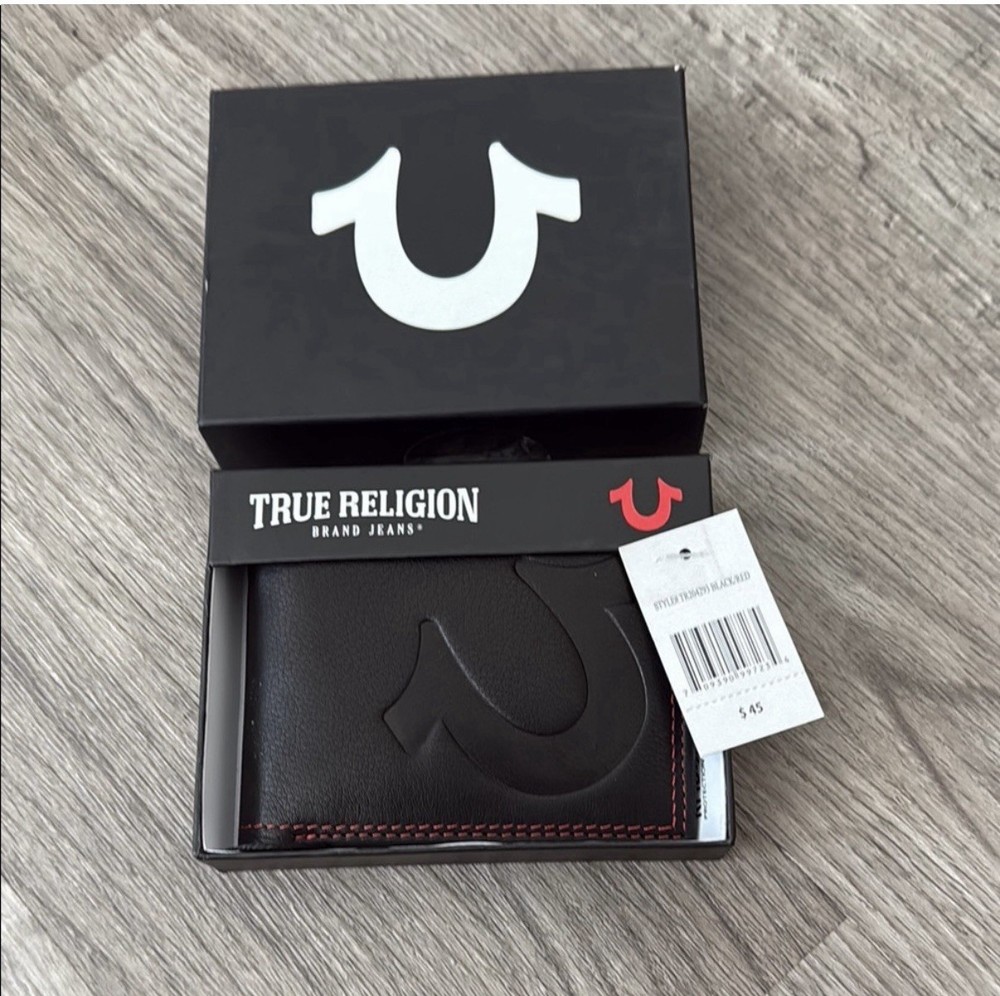 true religion men bifold genuine leather wallet - black w/ red stiching, RFID