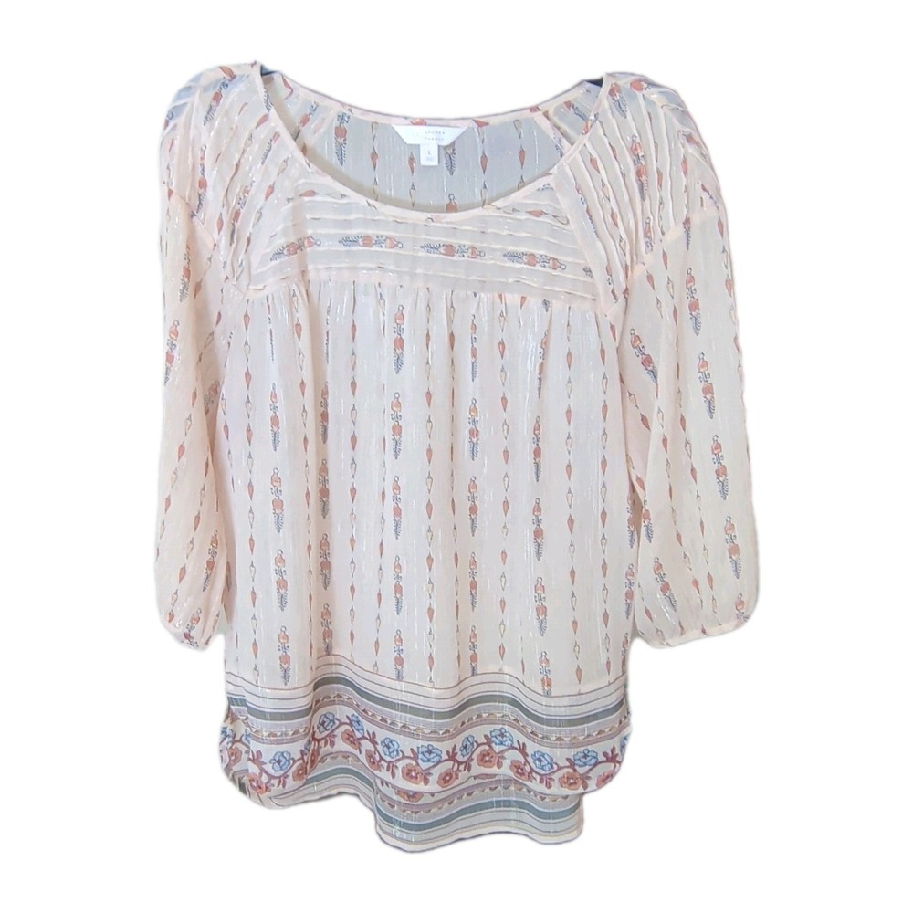 LC Lauren Conrad Women's L Cream Floral Scoop Neck 3/4 Sleeve Chiffon Blouse