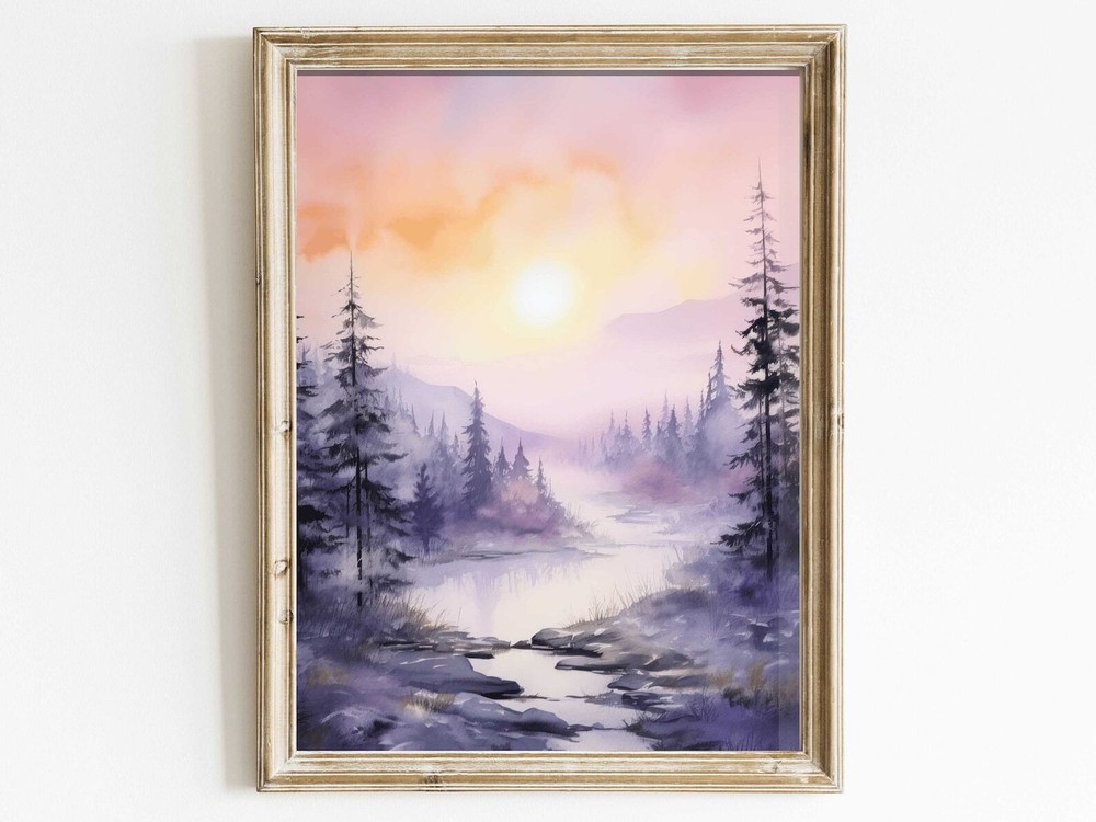 Stream Forest Wall Art Watercolor Forest Landscape Painting Purple Bedroom Or