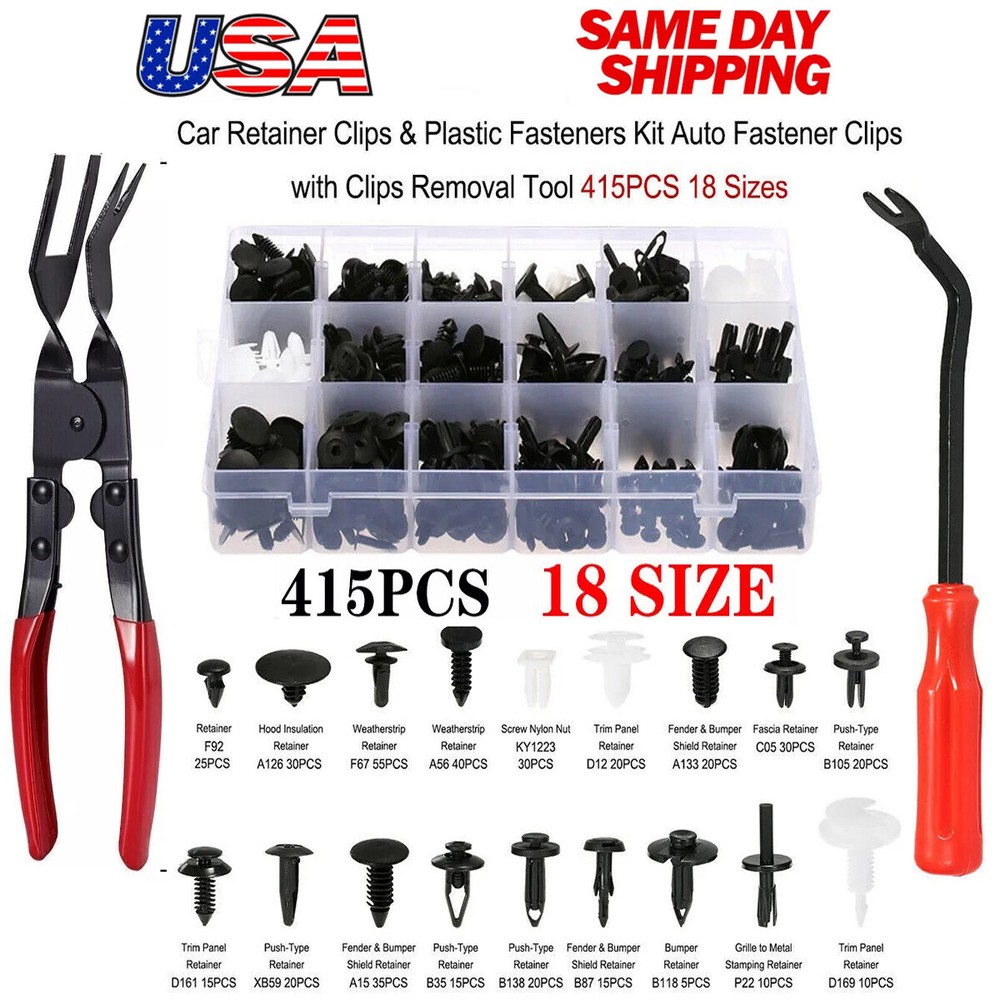 415Pcs Car Body Plastic Retainer Push Pin Rivet Fastener Bumper Clip Tool Trim