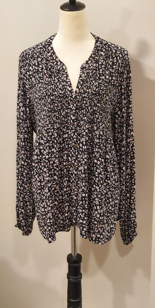 Knox Rose Women's Black/Cream Floral Print Long Sleeve V-Neck Blouse Size XXL