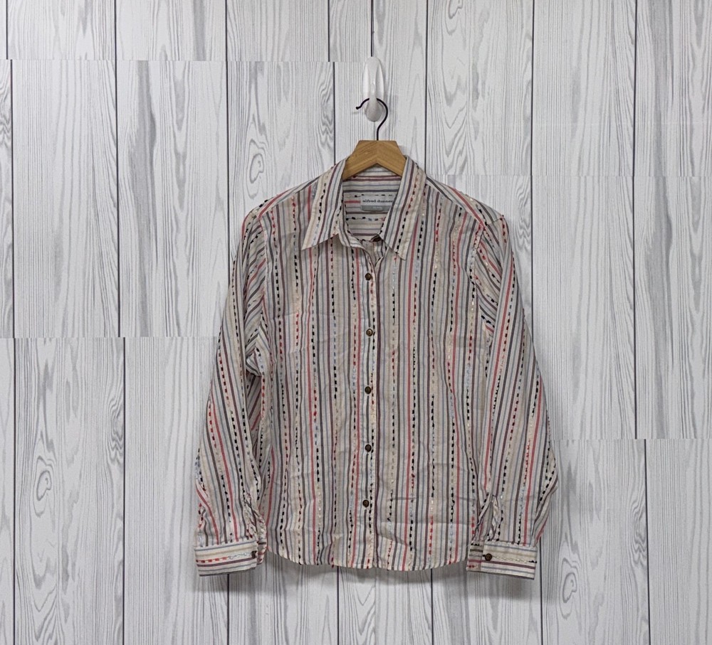 Alfred Dunner top womens size 14 petite button up long sleeve white patterned