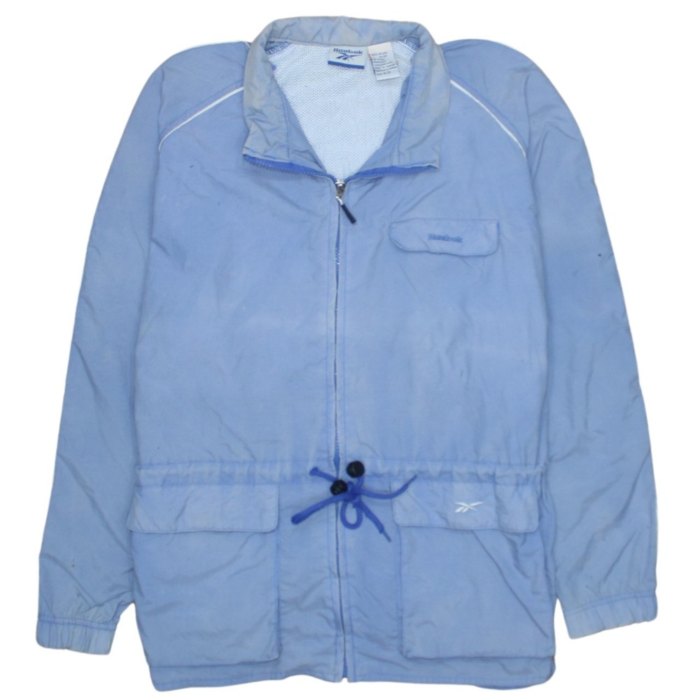 Reebok Mens Windbreaker Jacket Light Blue Nylon Hooded Full Zip Pockets Coat S