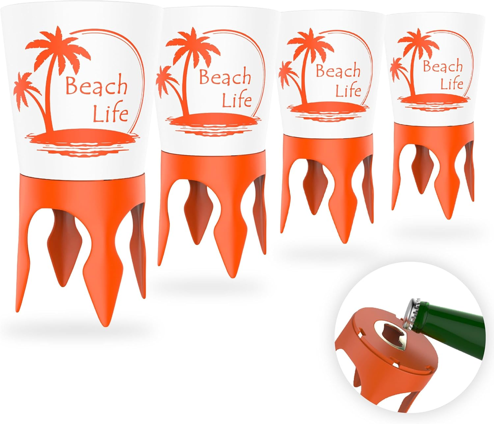 4-Pack Sand Beach Cup Holders with Bottle Opener and Spikes for Ultimate Beach Vacation Accessories