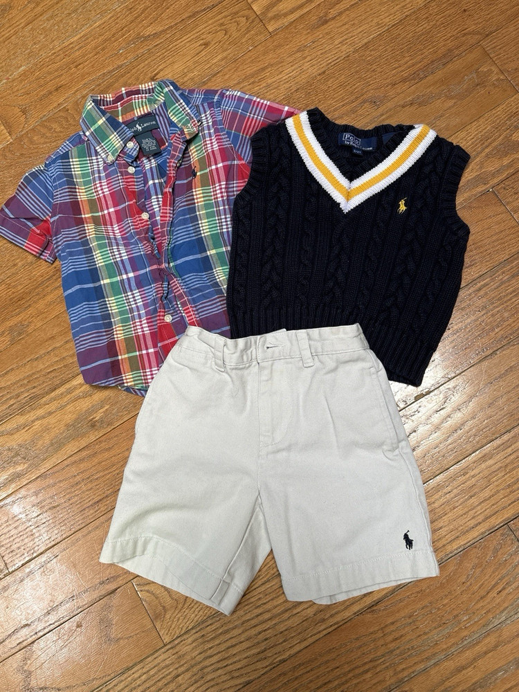 Polo Ralph Lauren Boys 3Pc Shorts Set 2/2T Plaid Shirt Vest Khaki Shorts