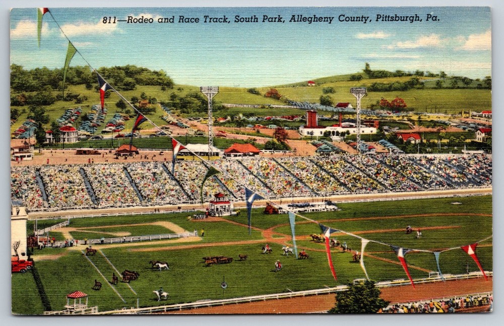Rodeo And Race Track South Park Pittsburgh PA Postcard Linen Horses