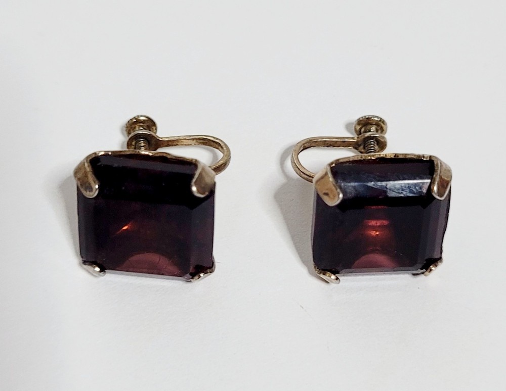 Vintage Amethyst Glass Emerald Cut Earrings Screw Back Marked Sterling.