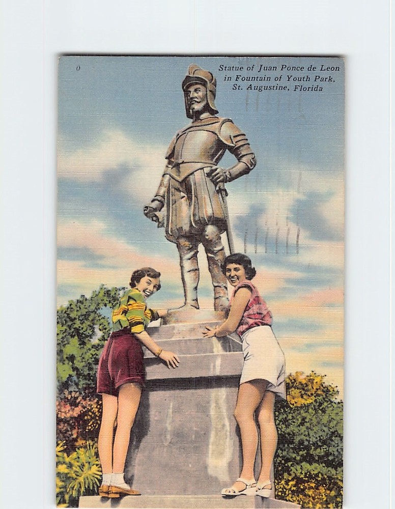 Postcard Juan Ponce de Leon Statue Fountain of Youth Park St. Augustine Florida