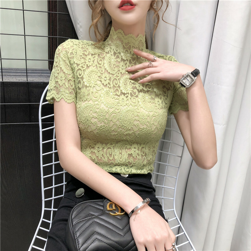 Women Floral Lace Short Sleeve Top Hollow Sheer High Neck Blouse Shirt Slim Chic