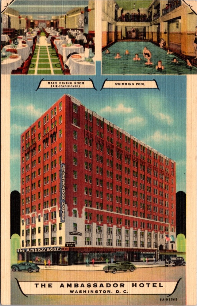 Linen Postcard Ambassador Hotel, Swimming Pool, Dining Room in Washington D.C.