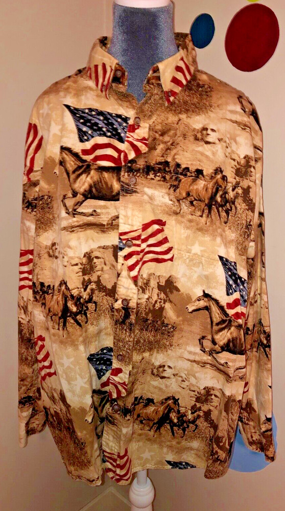 Bit & Bridle Western Americana Dress Shirt Horses USA Flag Patriotic - Men's XL