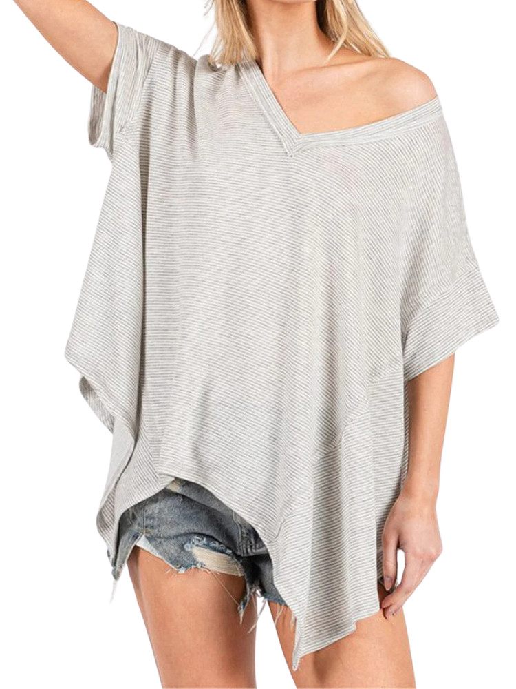 Women's Oversized Gray Stripe Top With Asymmetrical Hem, Short Sleeve (MED)