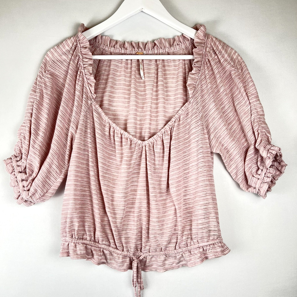 FREE PEOPLE Light Pink White Striped Womens Top M Ruffled Sleeves Hem Drawstring