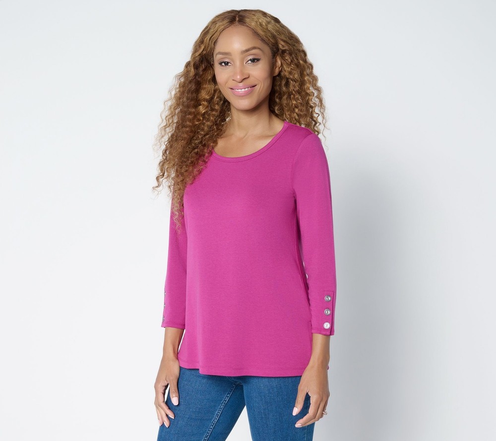 Susan Graver Women's Top Sz M Weekend Comfy Cotton -Slv Button Purple A654225